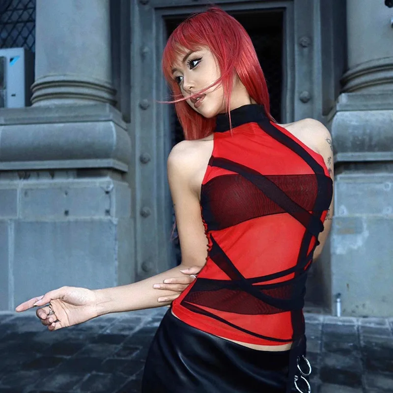 

Female Sheer Print Hotsweet Ribbon Tops Shirts Lady Half High Neck Tees Crop Tops Red Gothic Punk Ins Chic Trendy Nightclub Tops