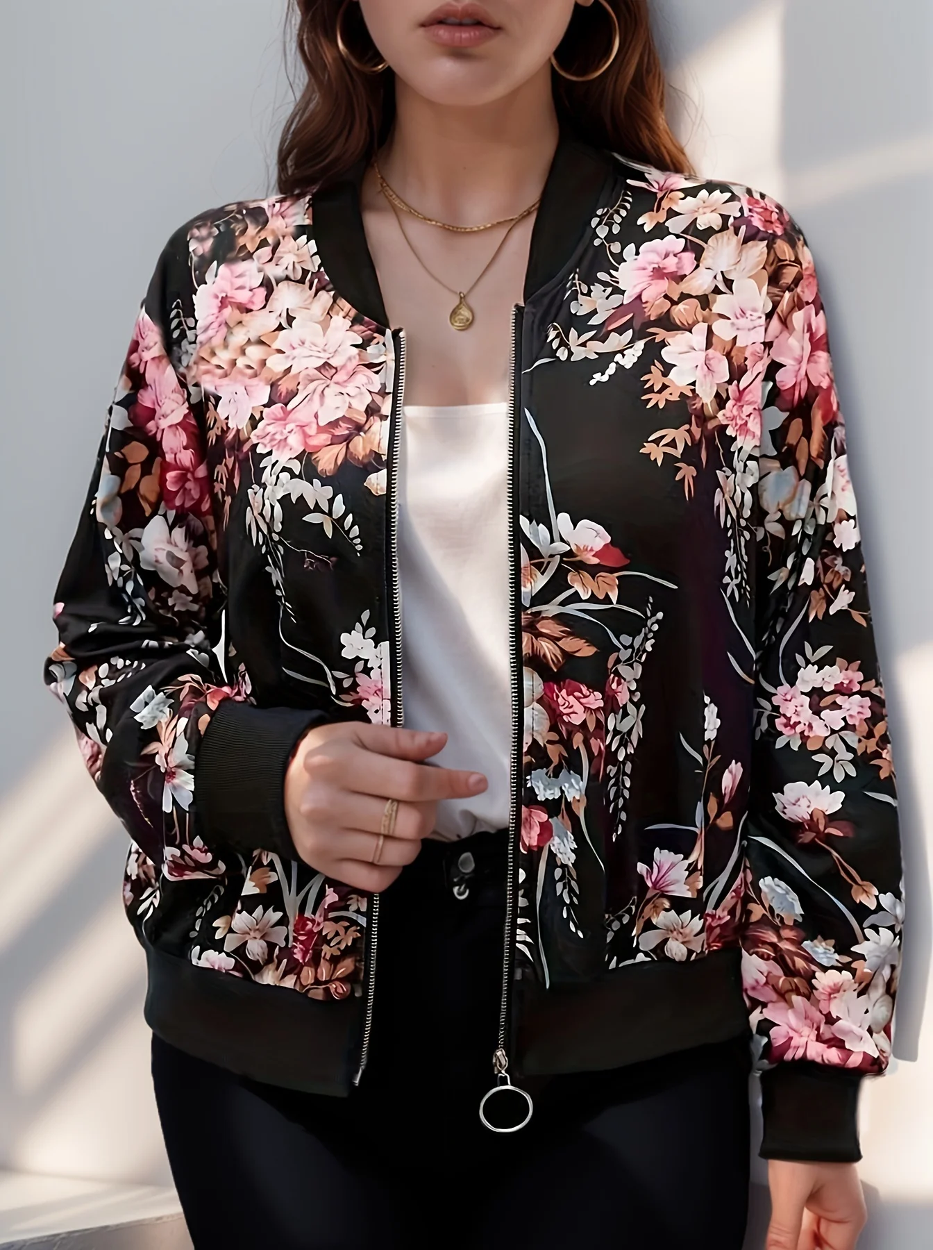 Plus Size Color Block Floral Print Bomber Jacket, Casual Crop Zipper Front Long Sleeve , Women's Plus Size Clothing