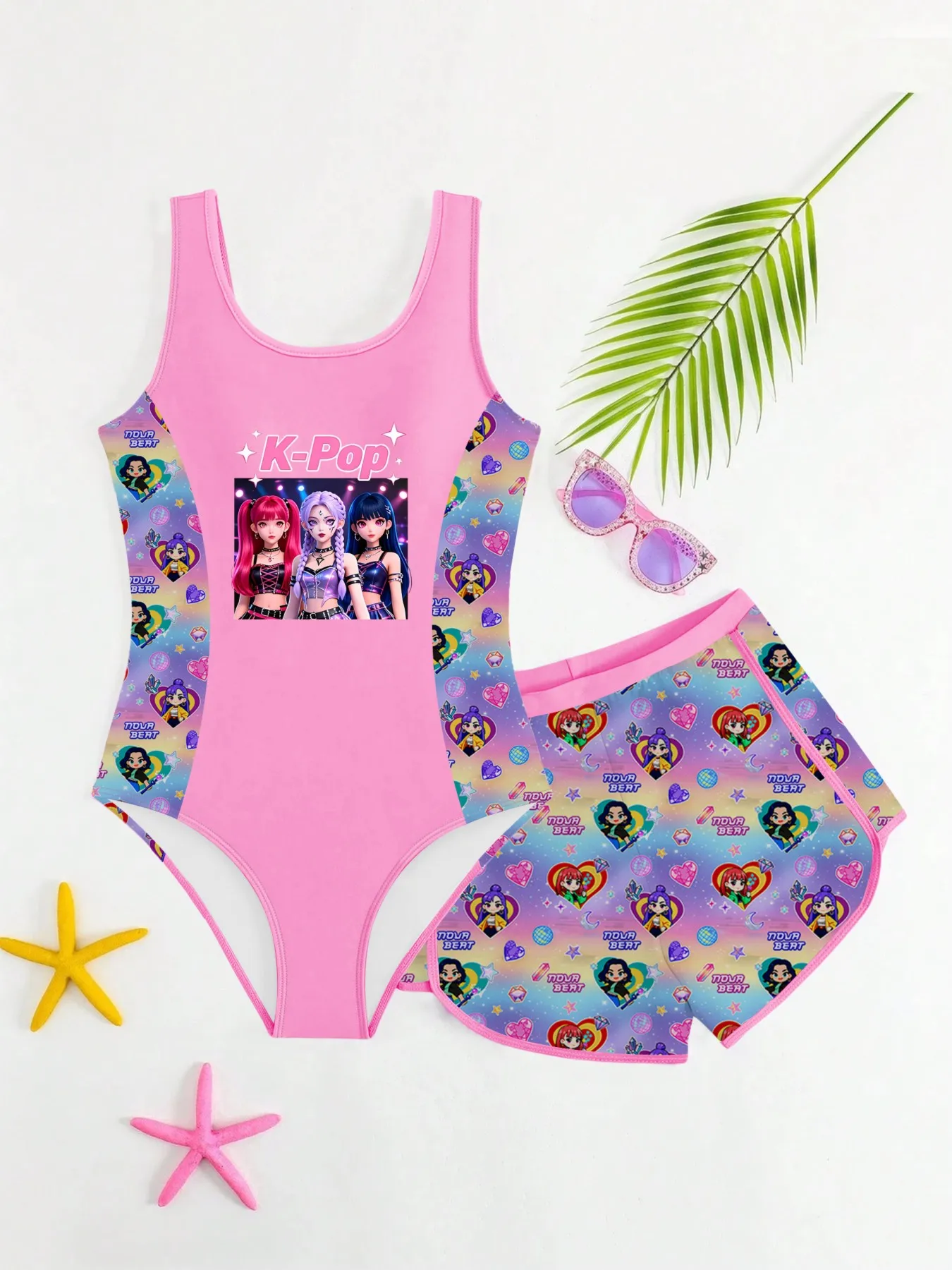 Kids Girls 2 Piece K-Pop Cartoon Group Print One Piece Swimsuit with Skirt Cover Up Summer Beach Swimwear