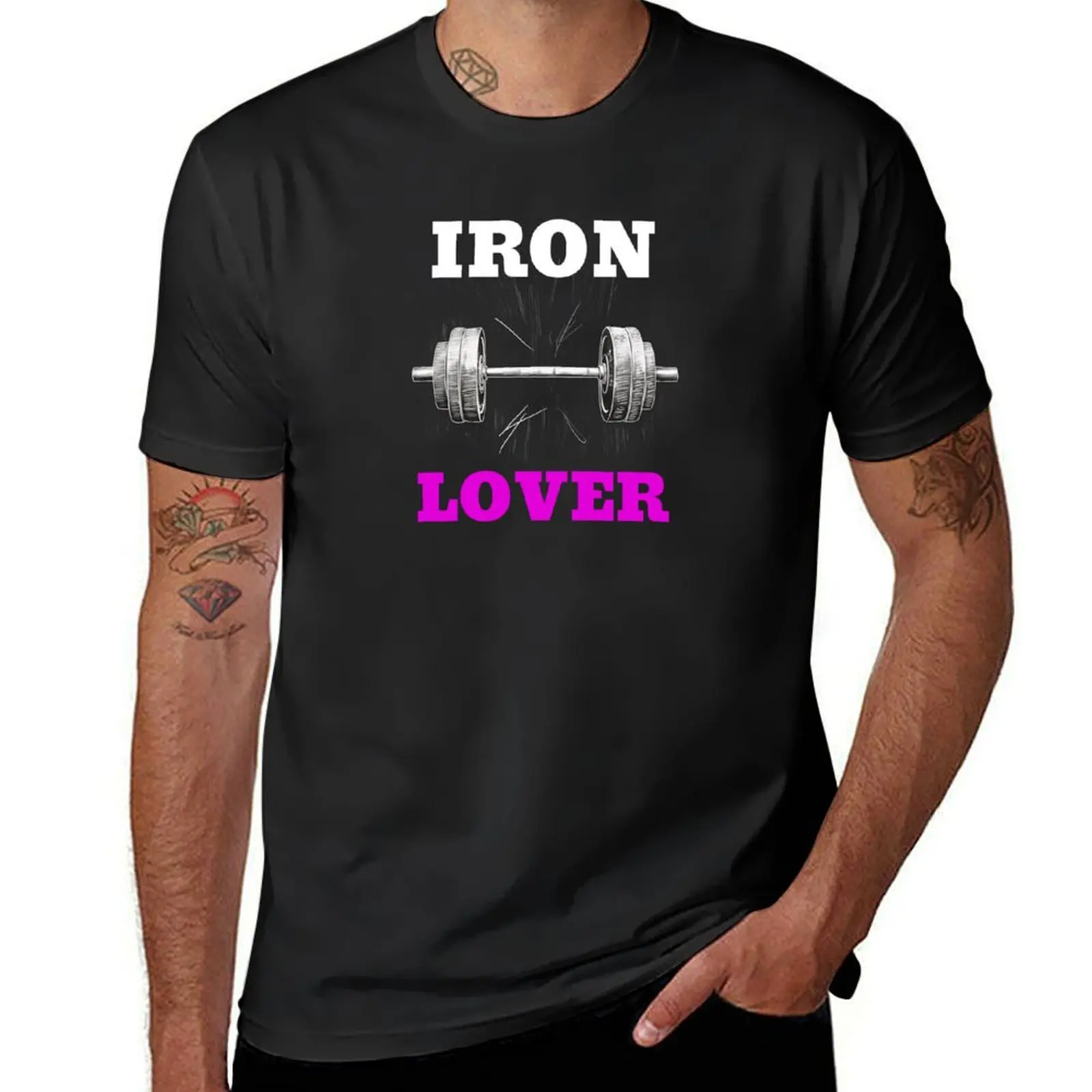 

IRON LOVER and Barbell, White and Pink Lettering Barbell Design T-Shirt anime clothes graphics quick drying men t shirts