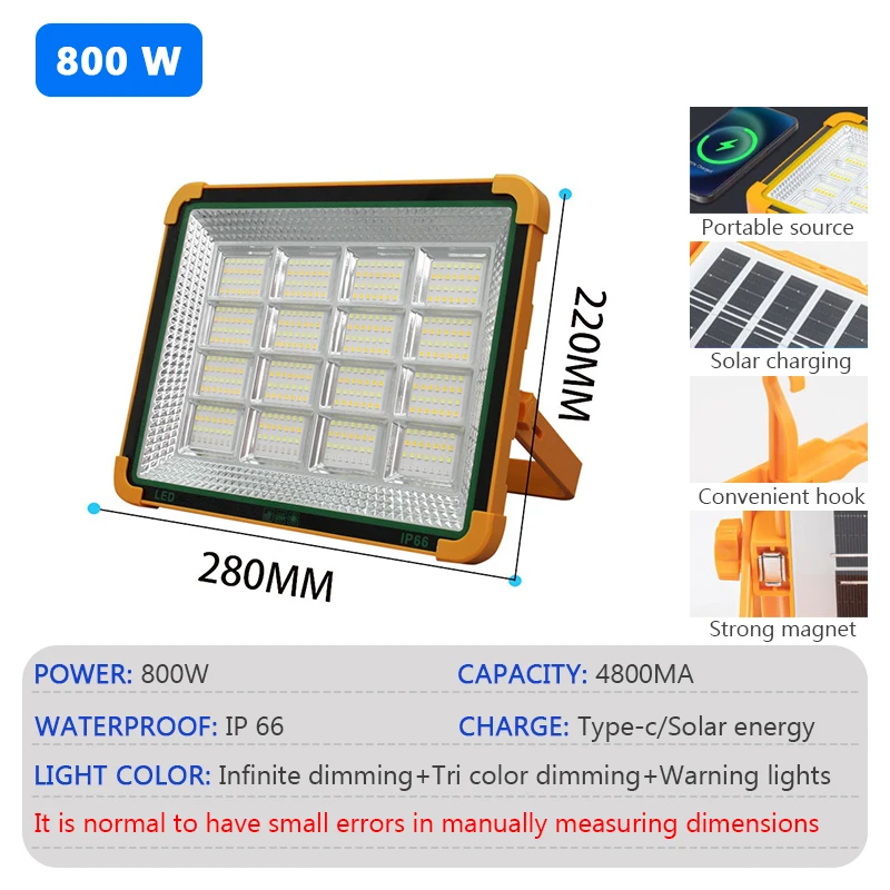 LED Solar Floodlight Outdoor IP66 Waterproof USB Rechargeable Magnet Strong Light Portable Camping Tent Fishing Light Work Light