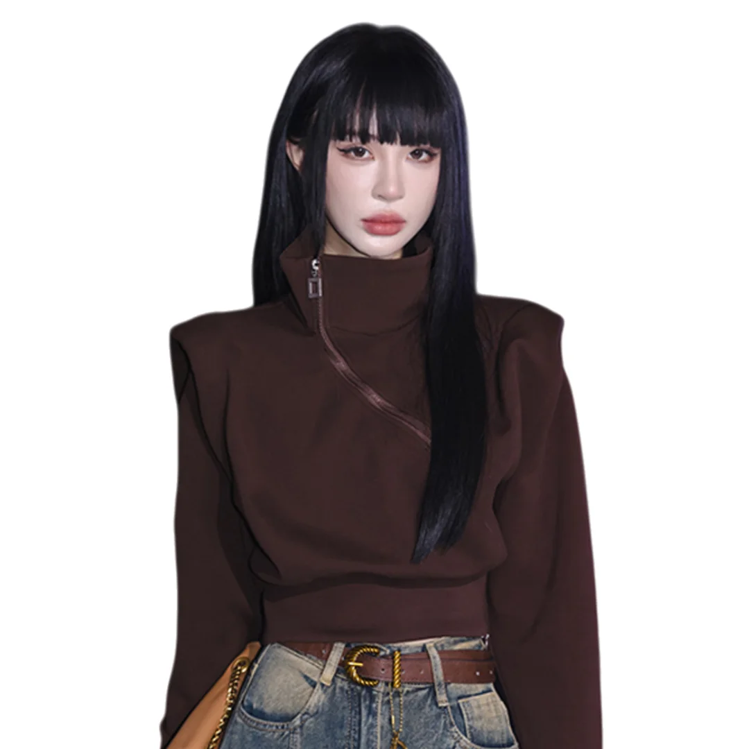 2026 Lente Sweatshirt Damesmode Hoge Hals Lange Mouw Hoodie Cool Stijlvol Schouderstuk Rits Losse Slim Fit Jas Top