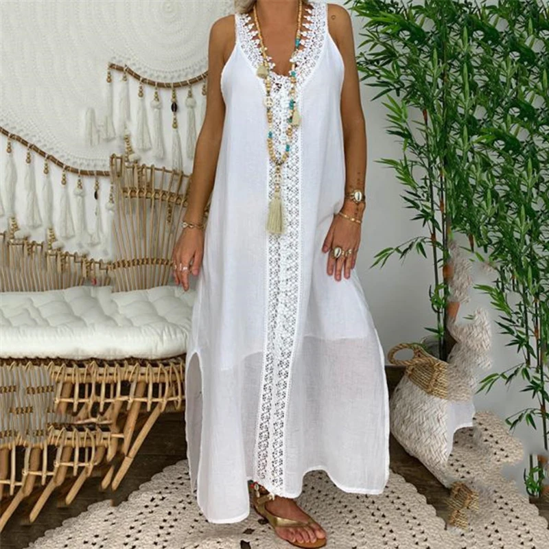 

V Neck Summer Lace Elegant Dress Hollow Out Loose Split Sleeveless Dresses Women Linen Vacation Beach Robe White Commute Vestido