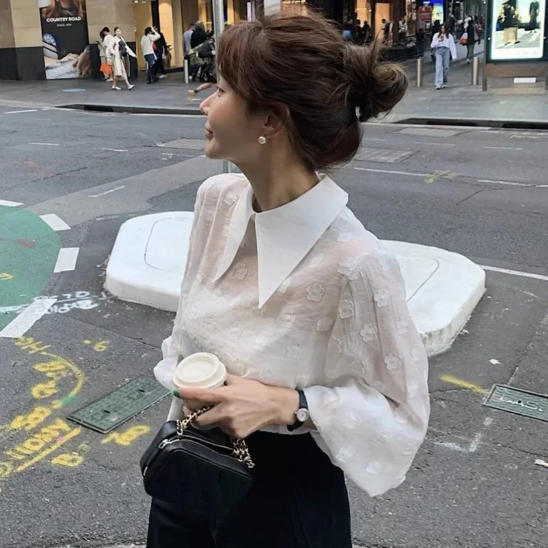 Korean Jacquard Floral Shirts & Blouses Turn Down Collar Ropa Mujer Long Sleeve Blusas Back Split Camisas Spring Summer Tops