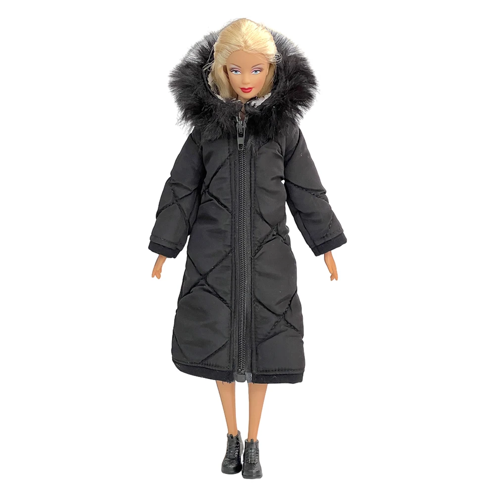 NK 1 Pcs Fashion Winter Long Black Coat Cotton Jacket Zipper Parkas Dress For 1/6 FR Doll Clothes for Barbie Doll Accessories