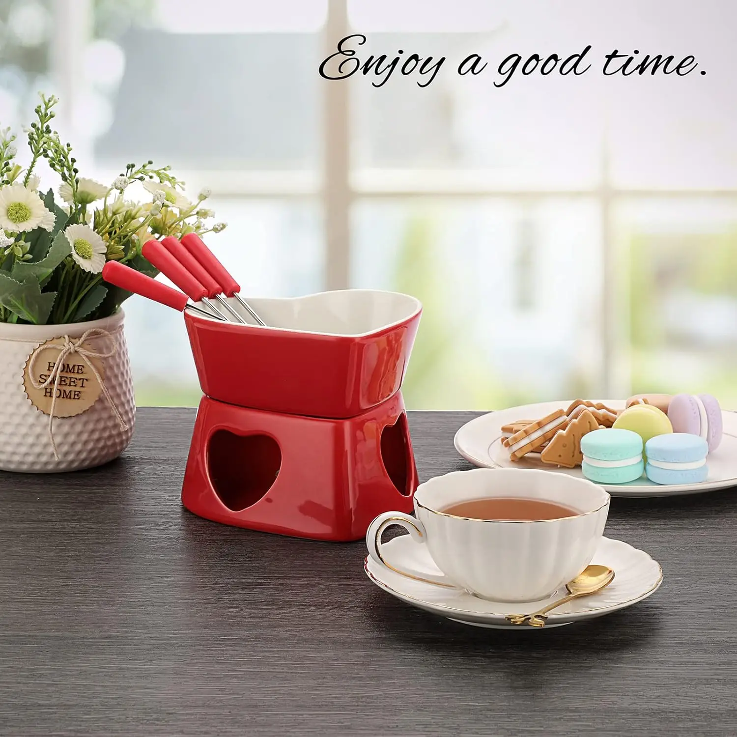 320ml Ceramic Heart-Shaped Fondue Pot Set with 4 Forks - White & Red Options - Perfect for Chocolate & Cheese Desserts
