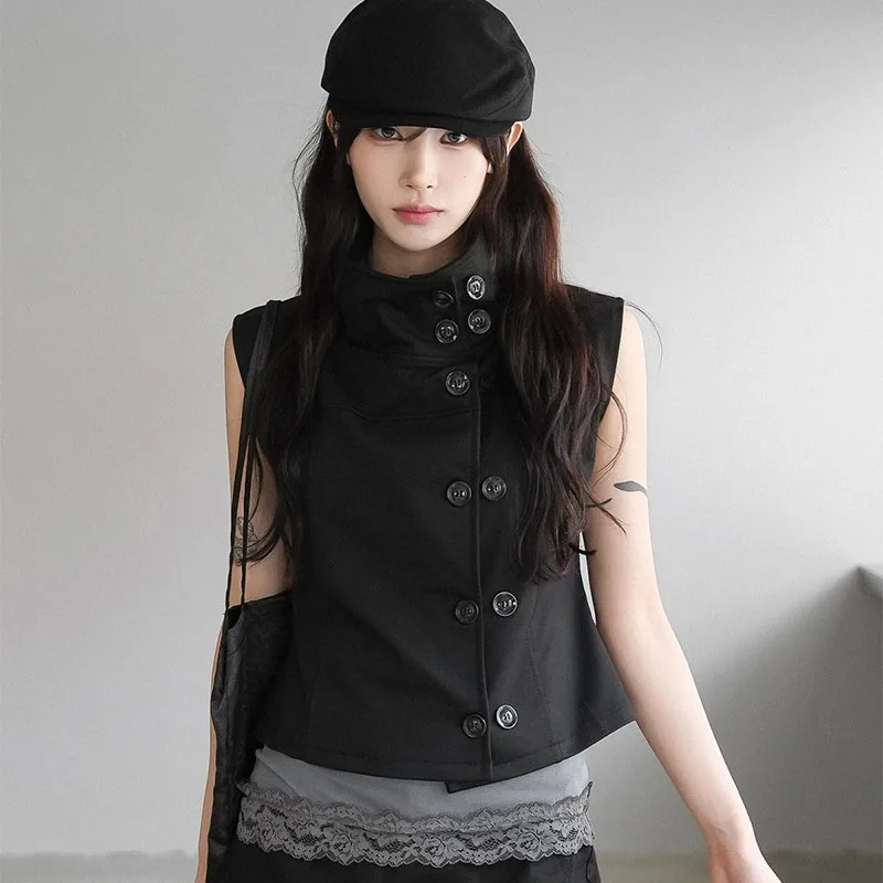 Nimo Home Ins Style Short Sleeveless Workwear Vest Top Double-Row Buttons Stand Collar Slimming Effect Fashionable Women's Ja...