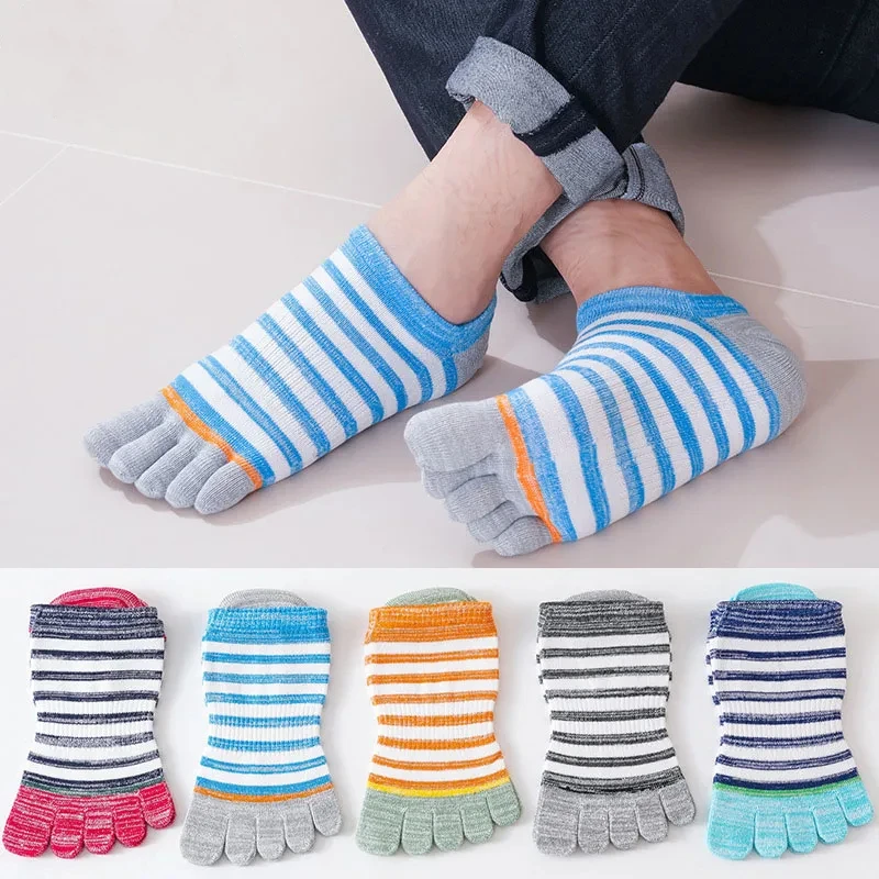 

5 пар мужских носков до щиколотки из чесаного хлопка в полоску, красочные, впитывающие пот, невидимые носки с пятью пальцами, студенческие летние