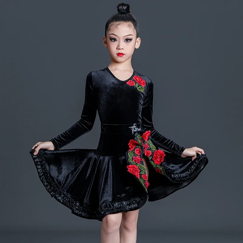 

Children'S National Standard Ballroom Dance Dress Black Velvet Latin Dance Dress Girls Latin Dance Clothes Practice Wear SL7422