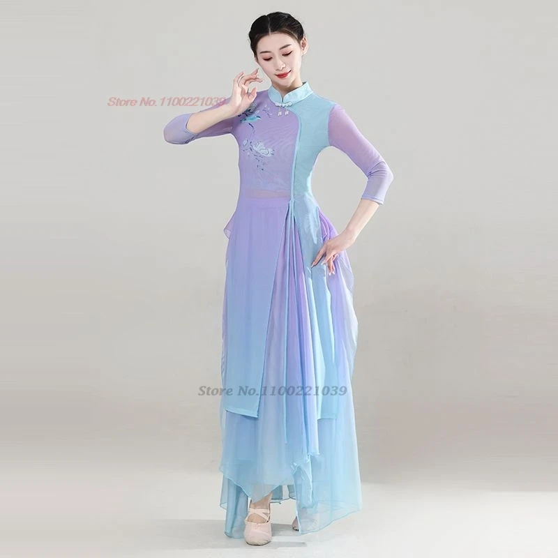 2025 الصينية خمر الرقص تشيباو بلايز + فستان أطفال مع سروال داخلي التدرج اللون ملابس رقص المرحلة التقليدية ممارسة فستان تشيباو