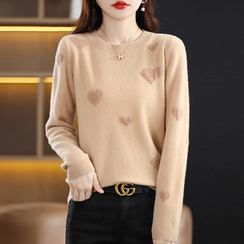 Autumn and winter new women's sweater 100% Merino wool round neck jumper Fashion love light luxury warm bottom knit shirt