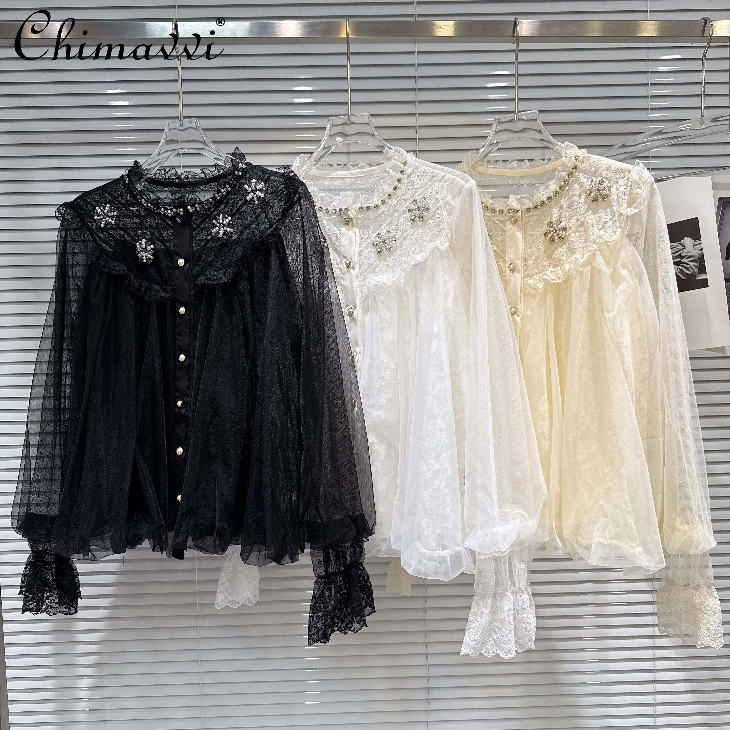 

French Elegant Fashion Sweet Pearl Diamond Round Collar Long Sleeve Lace Patchwork Lace-up Chiffon Blouse Shirts Women Autumn