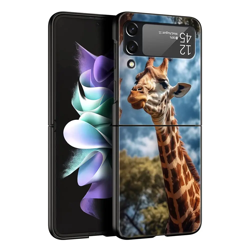 giraffe Phone Case For Samsung Galaxy Z Flip3 Flip4 Flip5 PC Bumper Shell For Z Flip 3 4 5 Black Hard Folding Back Cover