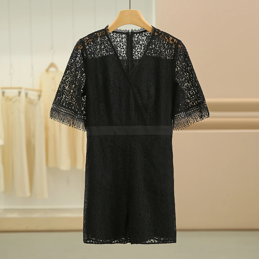 V-Ne Tie Waist One-Piece Pants Floral Lace ort orts Summer 2025 Regular Thin Straight Leg mid Waist Design