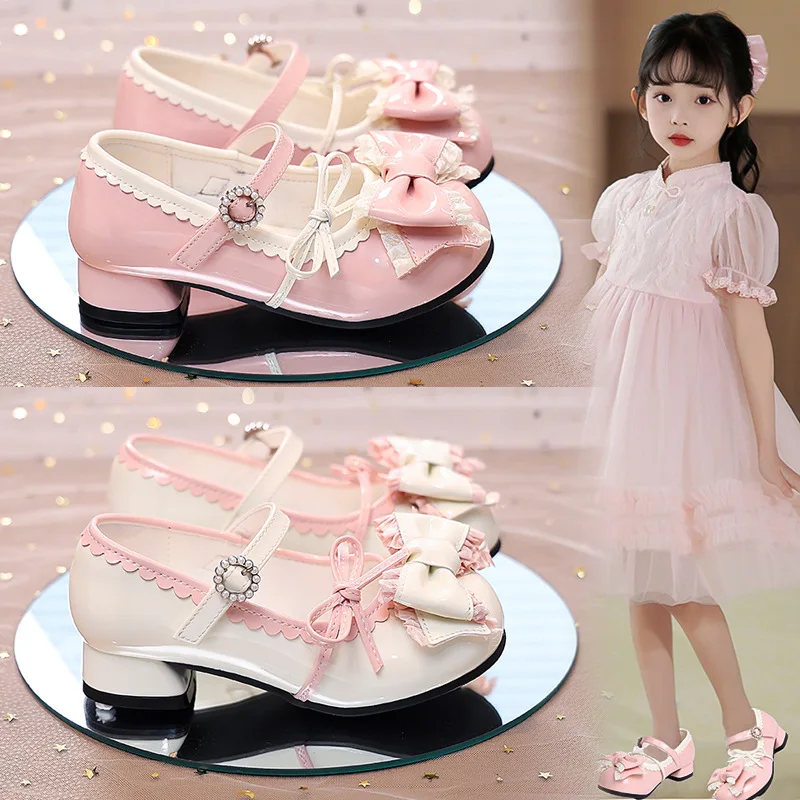 

Girls Spring Autumn Low Heels Princess Shoes Childrens Bows Leather Shoes Womans Vintage Lace Little Lolita Pearls Casual Shoes
