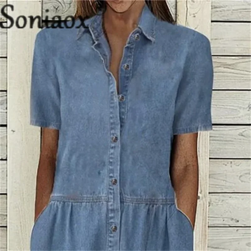 Elegante Effen Kleur Korte Mouw Denim Jurk Zomer Revers Single-Breasted Splice Chic Dames Comfortabele Commuter Casual Jurk