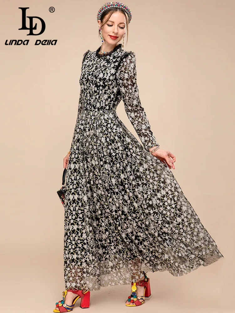 LD LINDA DELLA 2023 New Spring Runway Mesh Dress Women Long sleeve Floral Embroidery Black Vintage Elegant Party Long Dress