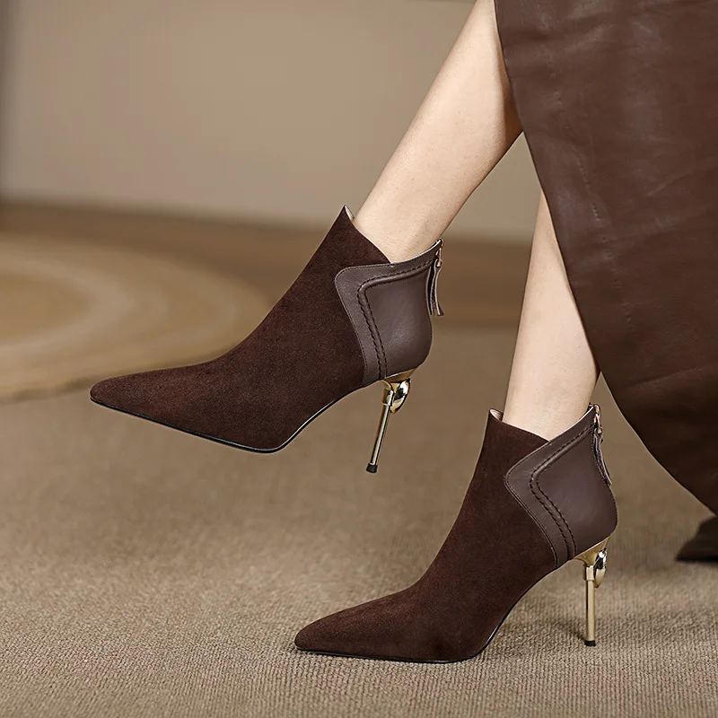 2024 Autumn Women Ankle Boots Elegant Brown Suede Short Botas Mixed Leather Iron Thin High Heels Black Botines Femininos Zapatos