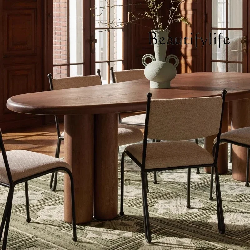 BJ Solid Wood Dining Table French Medieval Wabi Oak Log Table Household Simple Designer Oval Desk