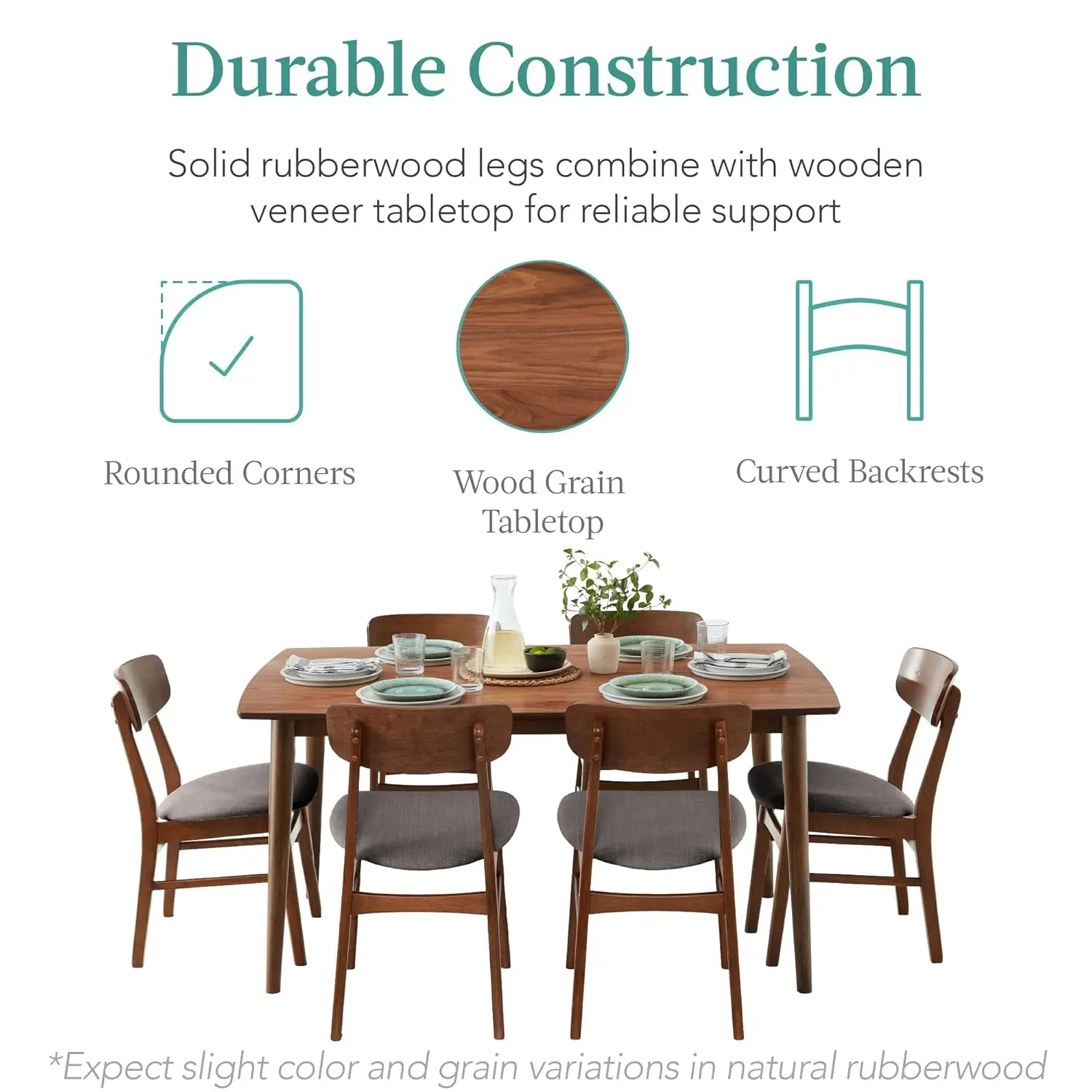7pc Wooden Dining Set Mid-Century Kitchen Table & 6 Upholstered Chairs Curved Backrest Rounded Corners Walnut Customized