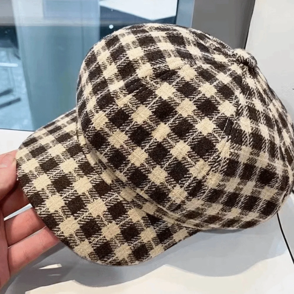 Sweet Korean Style Plaid Beret Hat Small Fragrant Style Lattice Women Painter Hat Keep Warm Women Octagonal Cap Girl