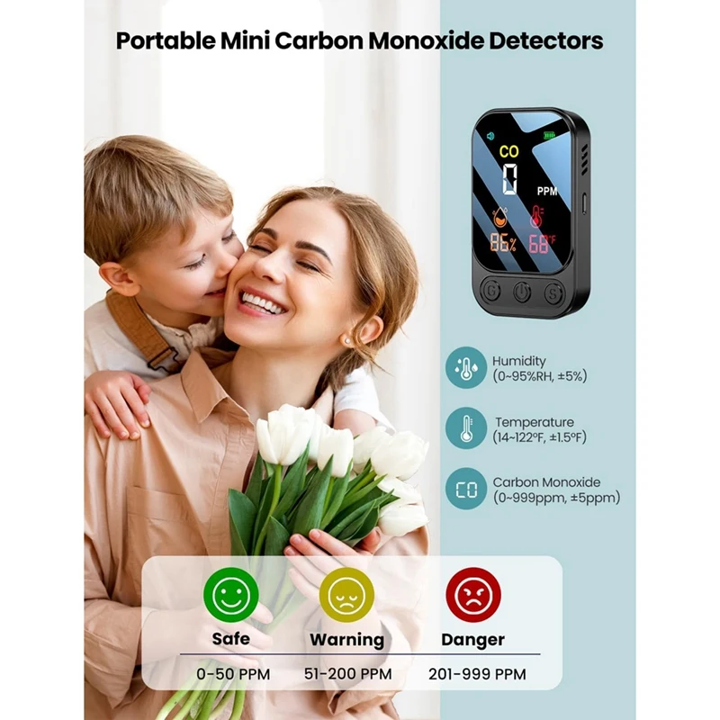 3 In 1 Portable Carbon Monoxide Detectors, CO  Humidity And Temperature  For Camping Travel Home