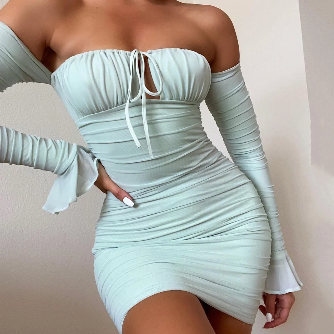 

Women New Mesh Sexy Mini Dress Slash One Shoulder Strap Collar Flared Sleeves Lace-up Bodycon Boat Neck Pleated Tight Dress