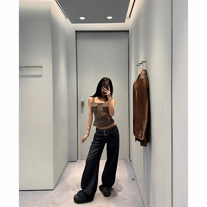 ZHIZOU جينز نسائي أزرق فضفاض Y2k 2000s نمط جمالي سروال جينز منخفض الخصر عتيق هاراجوكو بنطلون جينز كبير الحجم للخريف