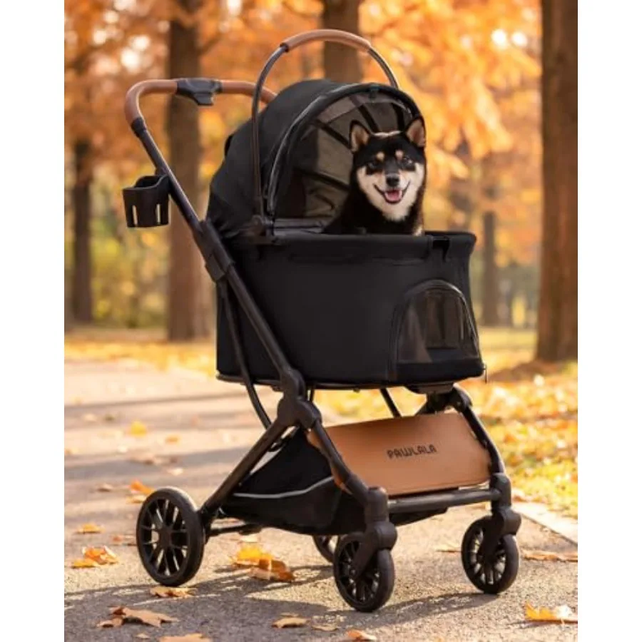 

Pet stroller for small/medium dogs cats: detachable carrier, gray fabric, shock-absorbing suspension for smooth ride, foldable