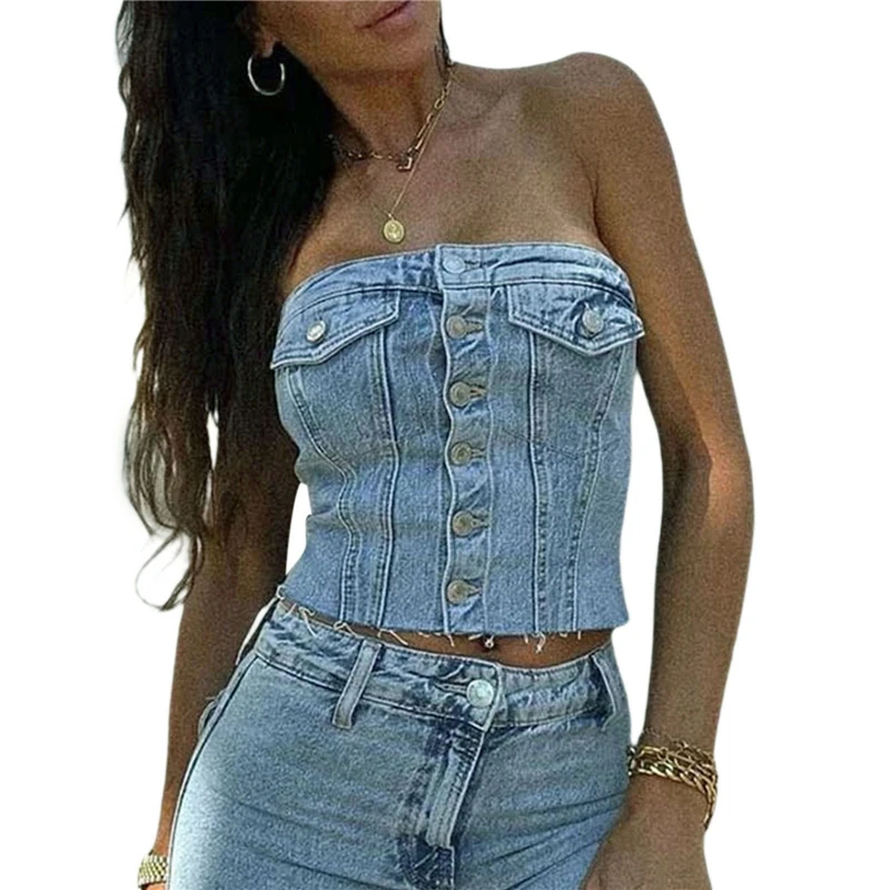 

Denim Tanks Camis for Women Summer Casual Sleeveless Button Spliced Femme Corset Crop Tops Elegant Chic Tank Camisoles