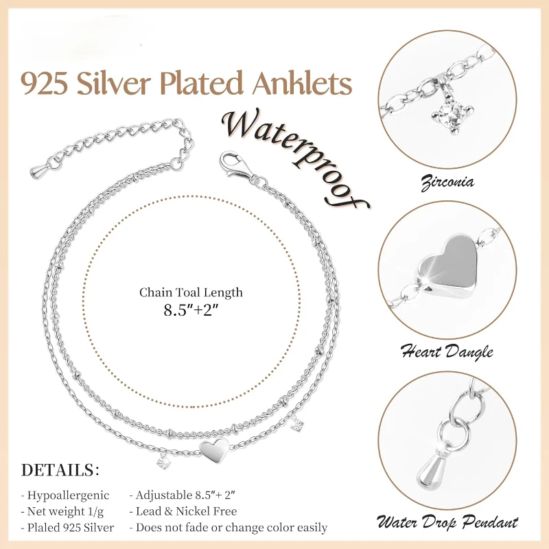 925 실버 도금 CZ 발찌 팔찌 여성용, 트렌디한 신상 방수 하트 참, 우아한 레이어 체인, 보석 선물