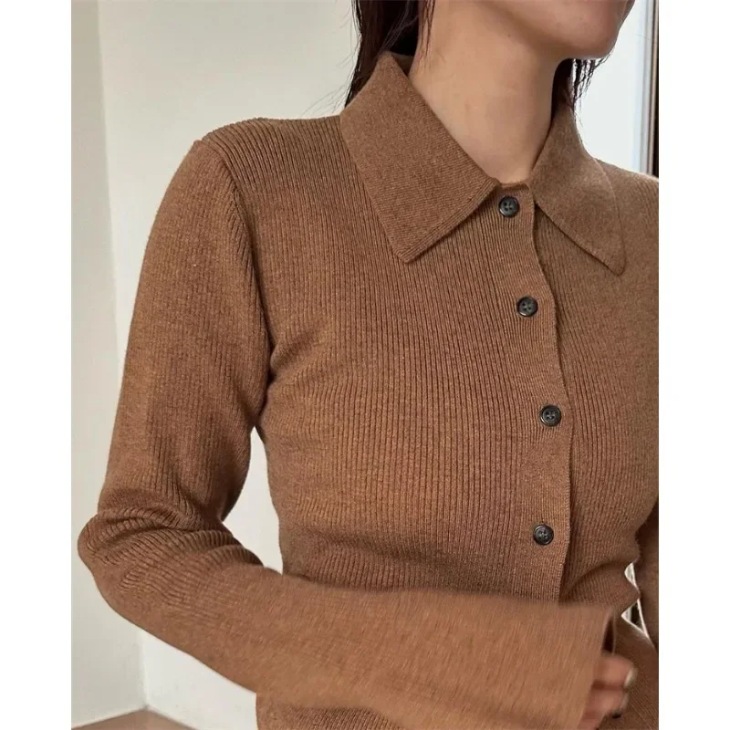 CL@E Sweater Women\'s Horn Sleeve Knitted Cardigan POLO Collar Slimming Long Knitted Top Commuting Style 2024 Autumn/Winter