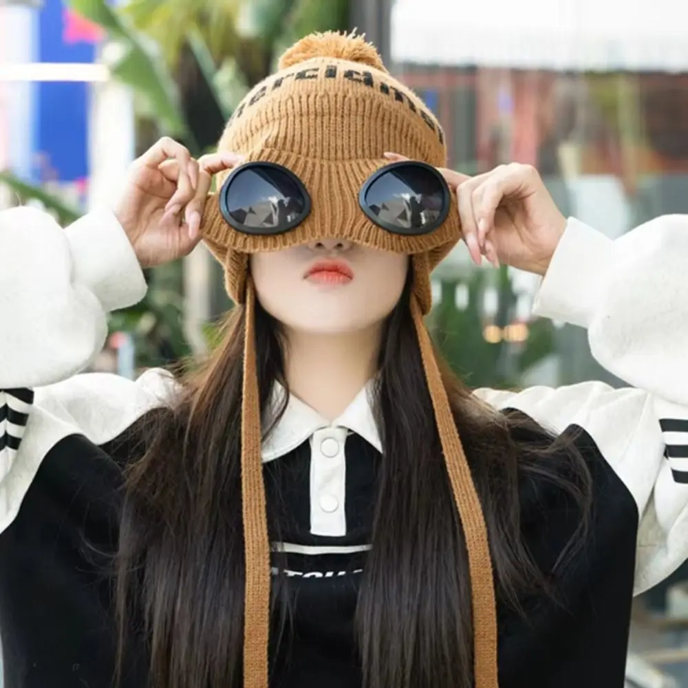 

Fashion Windproof Glasses Knitted Hat Warm Cold-proof Beanie Hats Ear Protectors Hooded Hat Winter