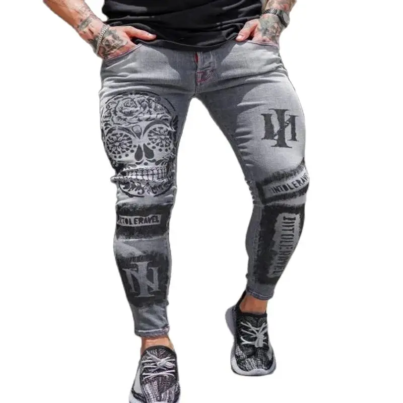 Men Skull Jeans Hip Hop Pants sping Letter Printed Gray Skinny elasticity Pencil Jeans homme Causal  grey Denim Pants Streetwear