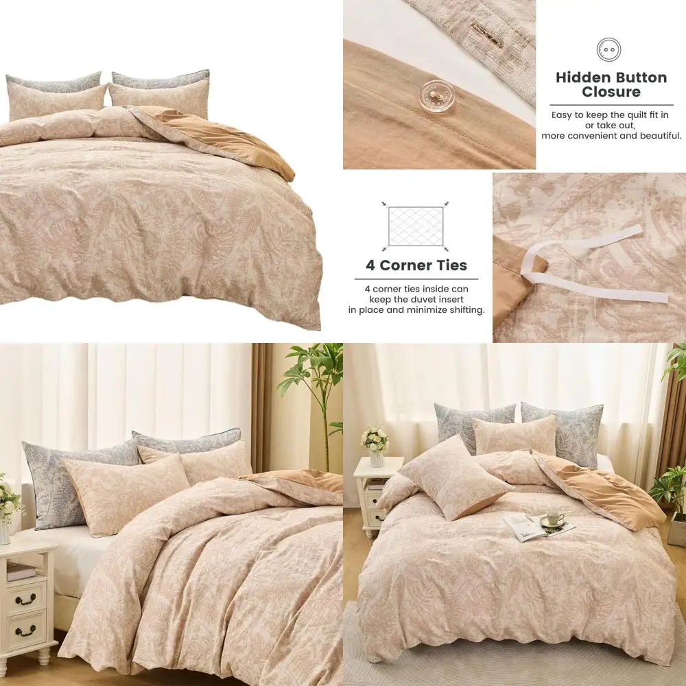 

100% Cotton Jacquard Monstera Duvet Cover Set, Textured Muslin, Breathable, Button Closure, Brown, Queen Size