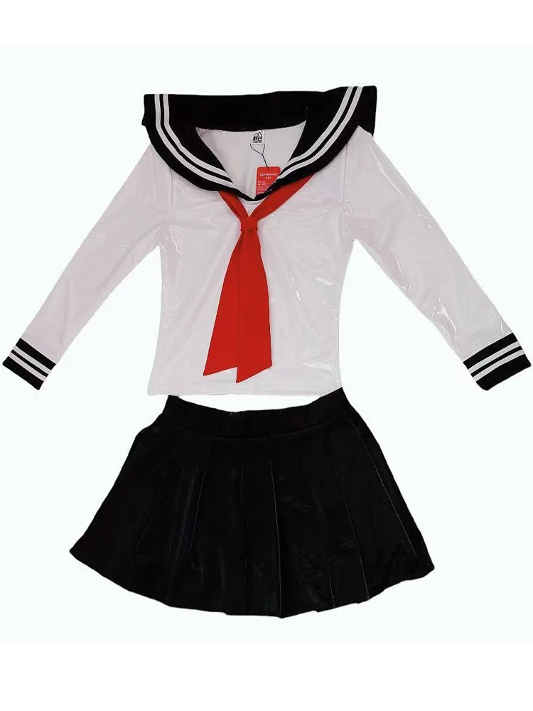 

2PCS/SET Sailor Collar Wet Look PVC Long Sleeve Tshirt Shiny PU Leather Cosplay School Uniform Suits Outfit Pleated A-line Skirt