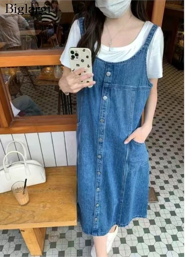 

Denim Summer Slip Sleeveless Dress Women Retro Fashion Loose Ladies Dresses Korean Style Woman A-Line Midi Dress