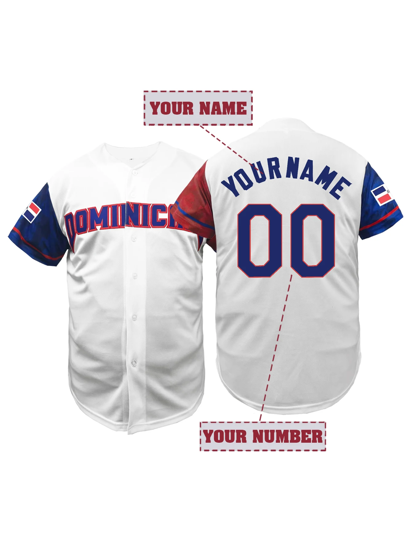 Personalized Name And Number Design, Men's Short-Sleeve Breathable V-Neck Embroidered Dominicana Baseball Jersey DIY T-Shirt