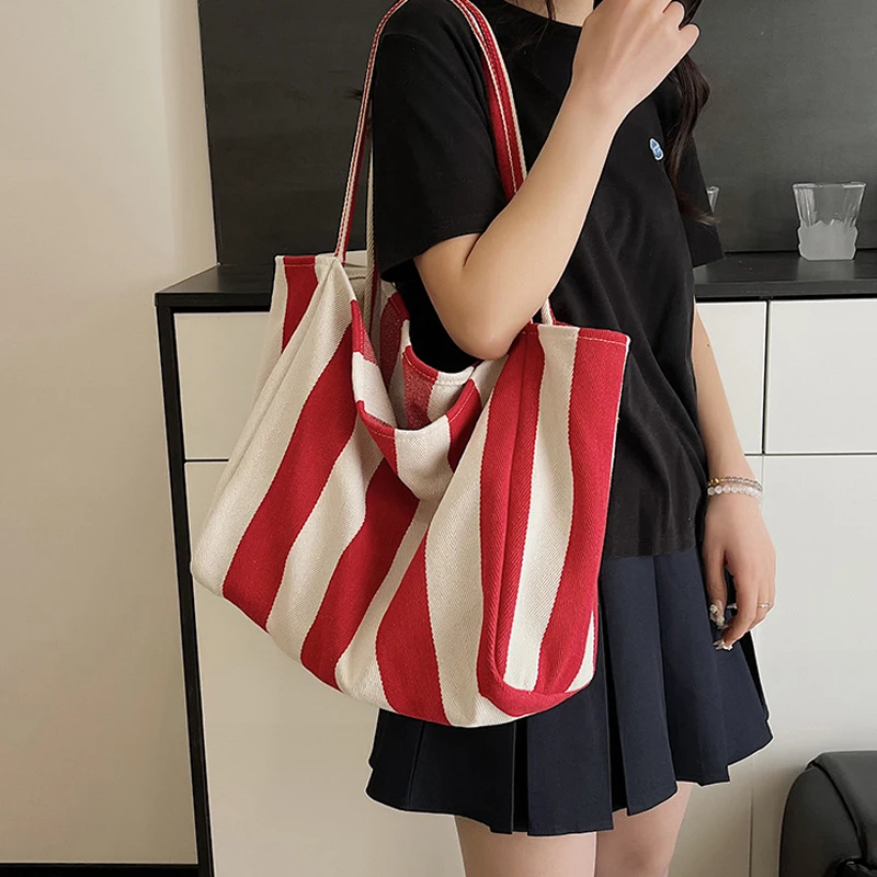 Sommerliche gestreifte Canvas-Tragetasche für Damen, lässig, große Kapazität, einfache Umhängetaschen, Einkaufshandtasche, tägliche Tragetasche – Detail 15