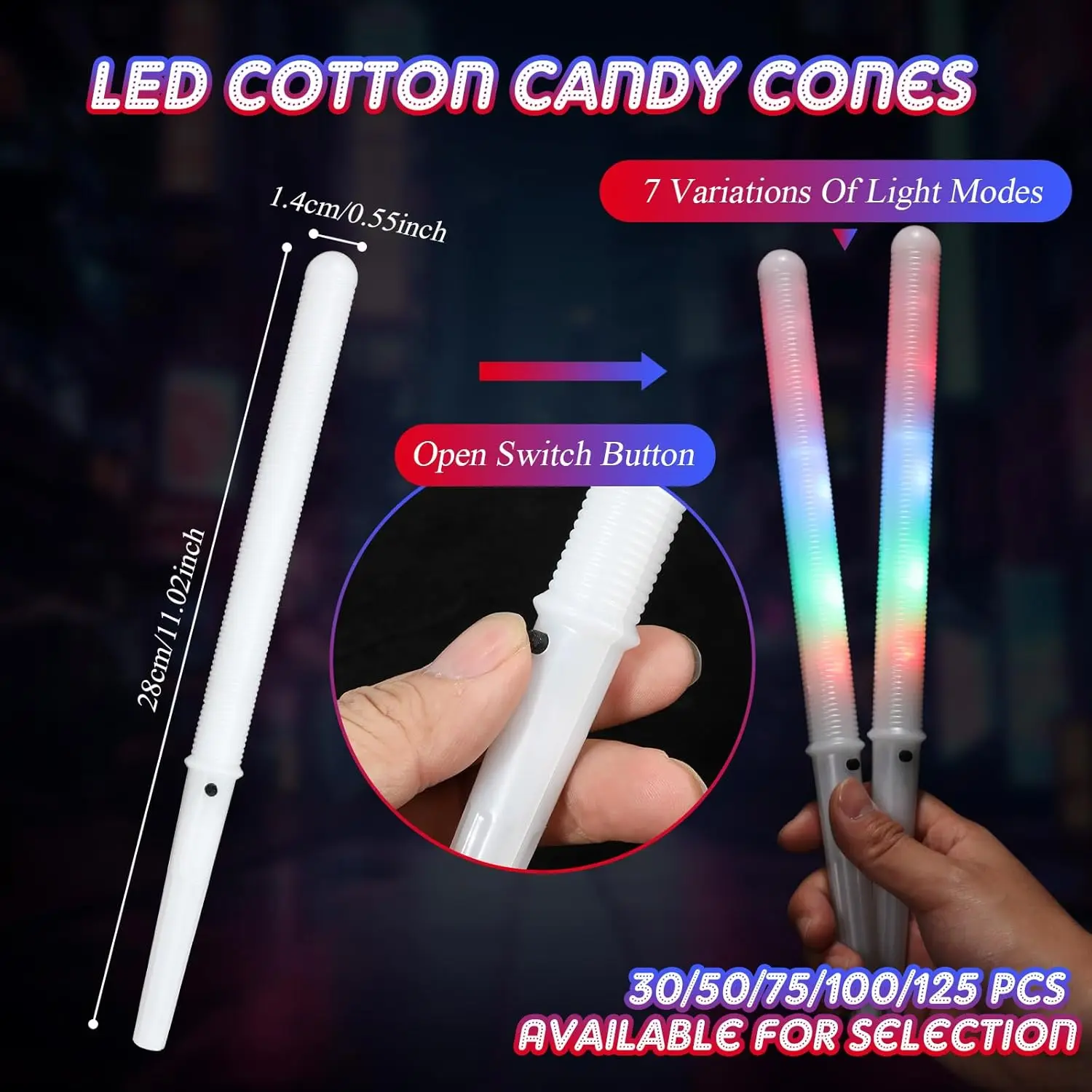 10/30pcs LED Cotton Candy Cones Multi Mode Flashing Glow Cotton Candy Sticks Reusable Cotton Candy Maker Glow Stick Kid Adult