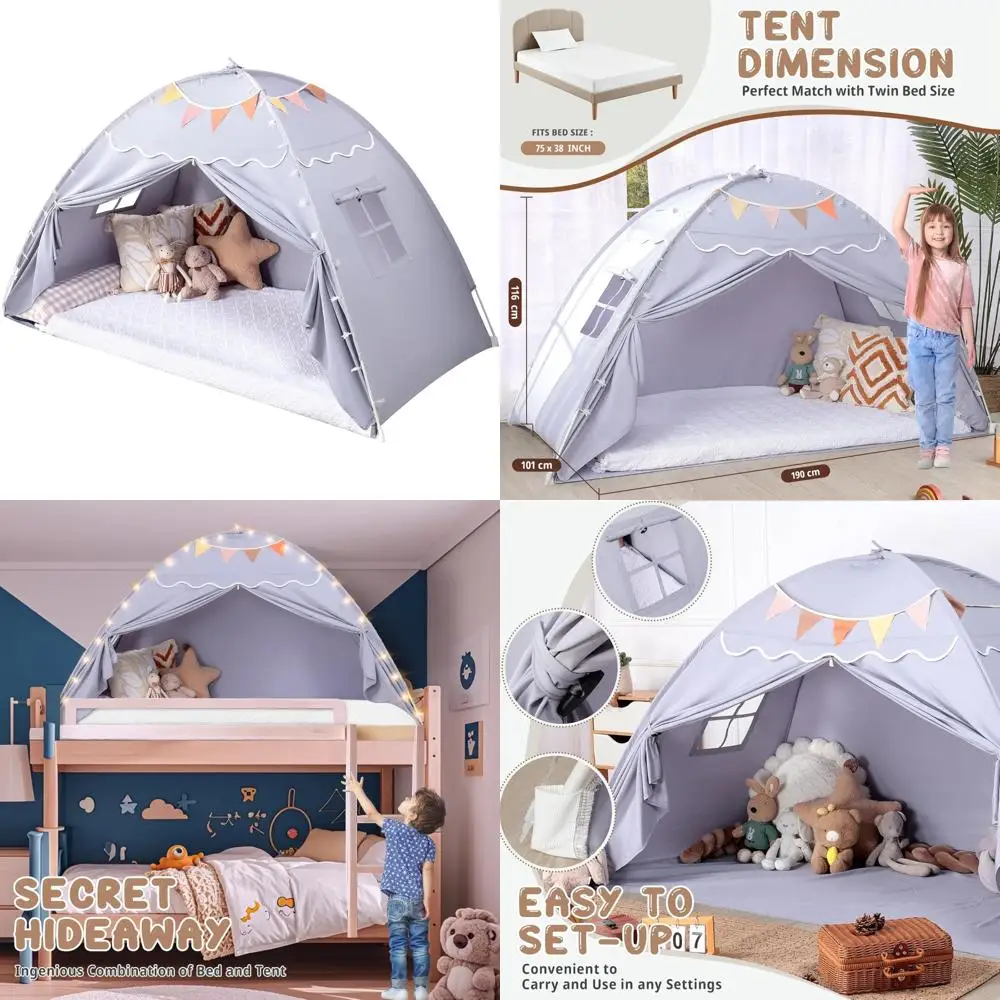 Tenda Tempat Tidur Balita Sumbababy: Lampu & Bendera, Tenda Tempat Tidur Lantai Dalam Ruangan untuk Anak-Anak - Rumah Bermain Portabel & Lipat, Tirai Tempat Tidur Tingkat Twin