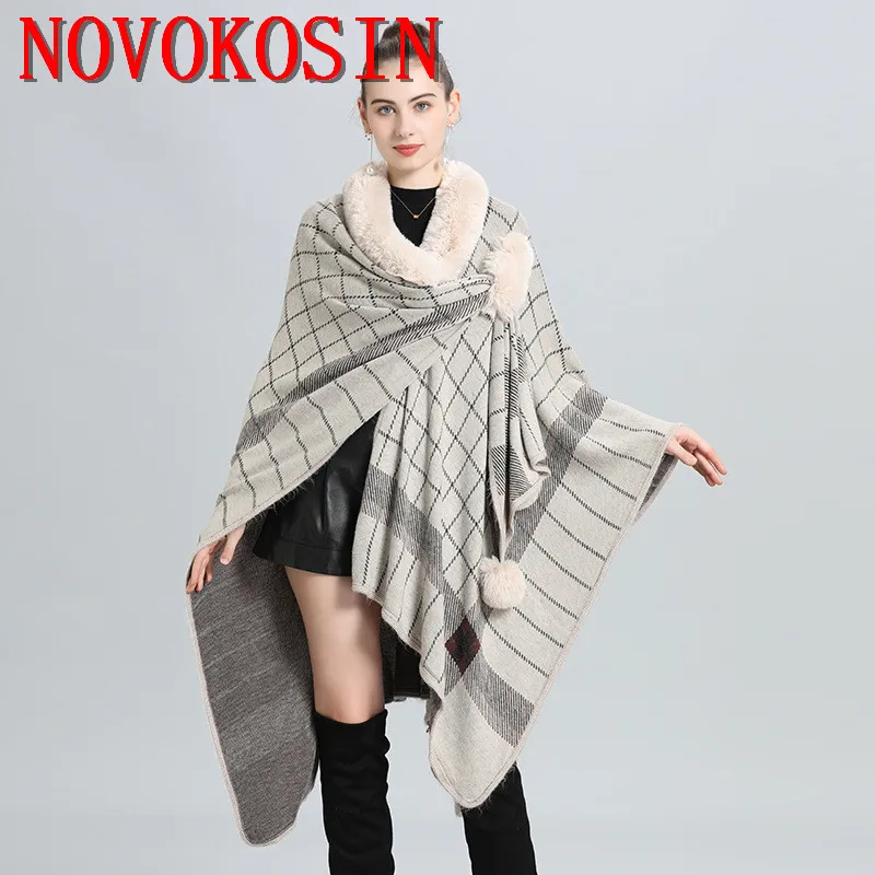 2022 Women Outer Streetwear Fashion Capes Holes Fur Ball Striped Knitted Loose Cloak Winter Thick Long Poncho Coat