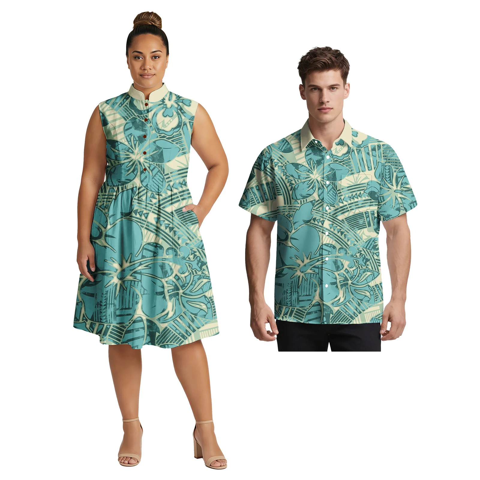 

Hot Sale Holiday Clothes Samoan Stand-up Collar Ladies Dress Hawaiian Short Sleeve Men Shirt Polynesian Matching Couple Outfits