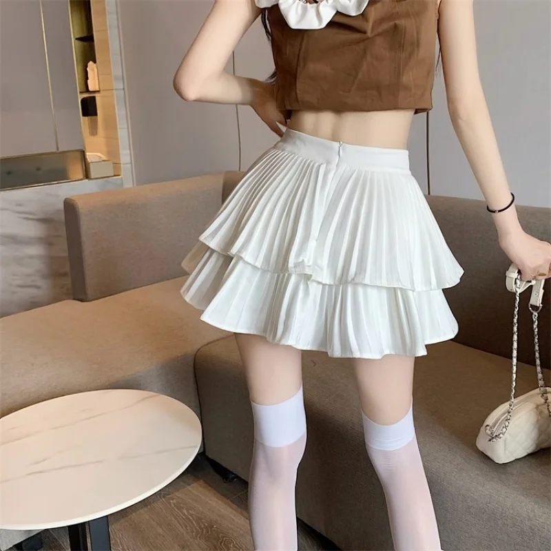 Women Ruffled Pleated A-Line Mini Skirt Summer Tulle Cake High Waist Slim Skirt Shorts Female Sexy Korean Kawaii White