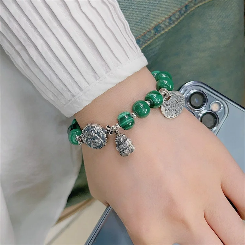 

Sterling Silver Bracelet S925 Gift For Men and Women DIY Lovers Malachite Originality Boy Charm Festival Retro Fashion Jewelry