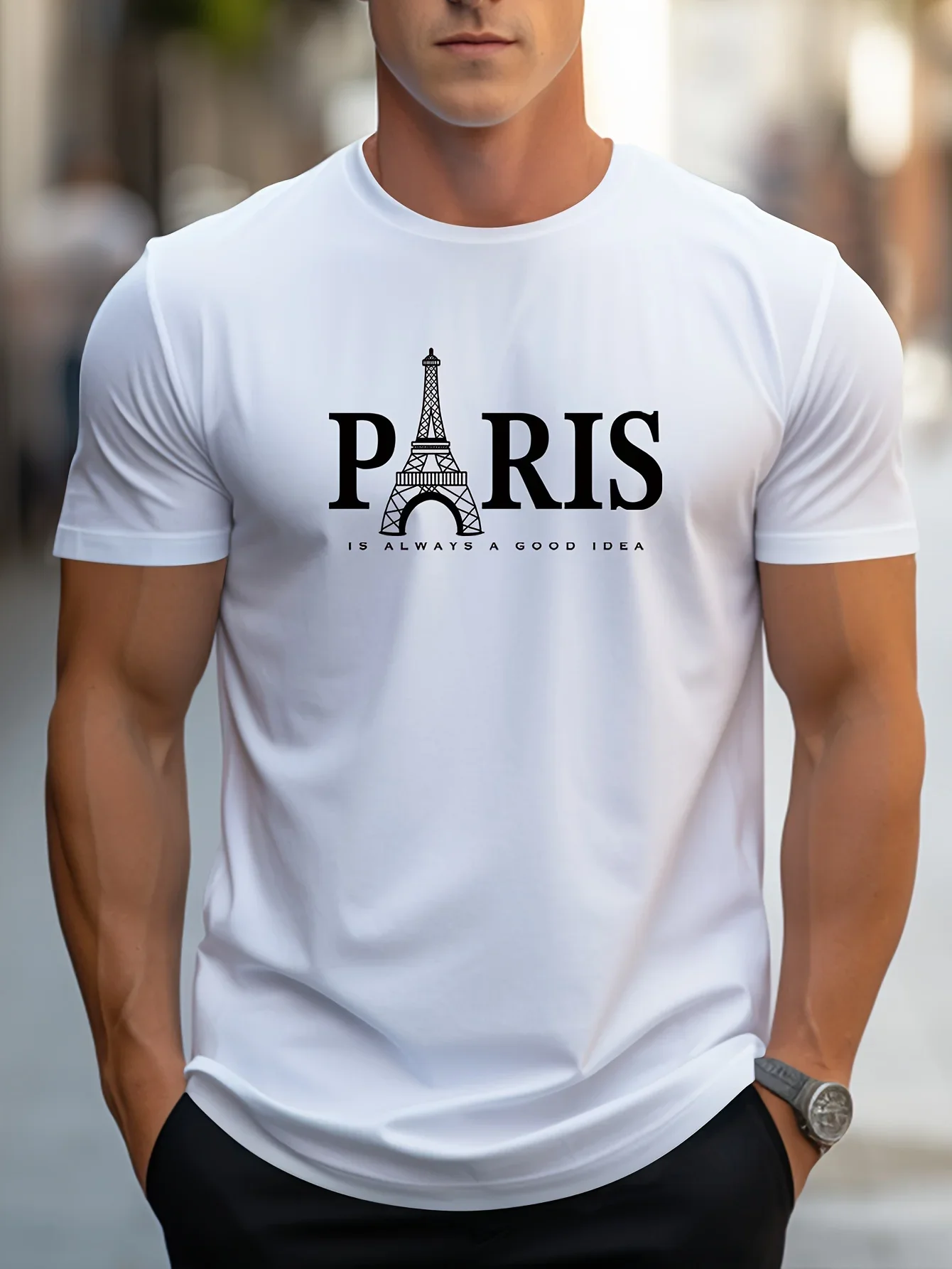 

Men's summer 100% cotton T-shirt, short sleeves, Paris print, casual round-neck large sweatshirt, fashionable streetwear, men's