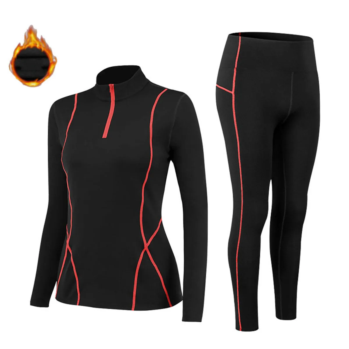 Ensemble de sous-vêtements thermiques pour femme à col montant, en polaire fine, élastique, pour le fitness et le maintien, collection hiver, comprenant un haut et un bas