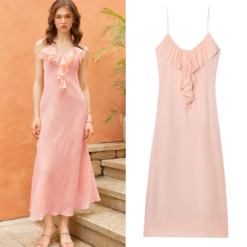 

Women's Dresses Pink Ruffle Slip Midi Dress Elegant Solid Long Dress 2026 New Women Summer Sexy V-Neck Backless Strap Vestidos