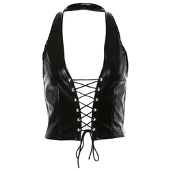 Women Punk Sleeveless Crop Top Sexy Halter V-Neck Backless Hollow Vest Shiny Faux Leather Lace-Up Party