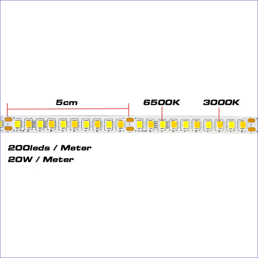 (2 Soldeerverbindingen) 5 Meter 2835-7Mm-5b10cx2 2835 Led Strip Constante Stroom Led Lint 20W 3000K + 20W 6500 K/m 3 Kleuren Lichte Riem